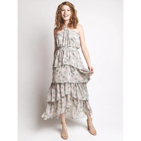 MISA Los Angeles Floral Print Valeria Halter Neck Midi Dress Pink Size Medium - Picture 3 of 12